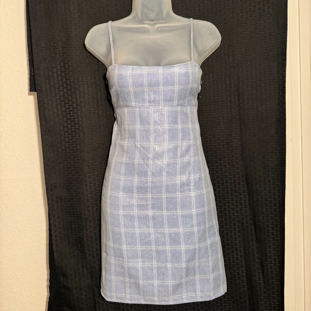 Blue all over sequin dress with white details